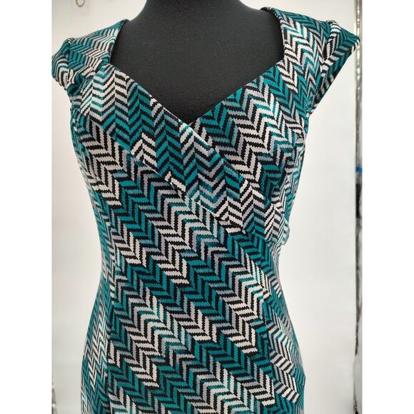 White House Black Market Turquoise Herringbone Sheath Dress SZ. 8 Back Zip Lined - Picture 4 of 14